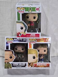 lot 28 image: Funko Pop Vinyl Figures Including MacGyver (#707) from the TV series, Jovie (#485) from the movie Elf, and Steve Hiller (#281) from the movie Independence Day.