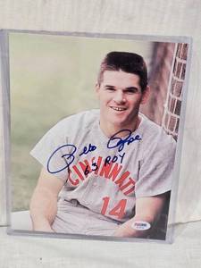 lot 53 image: Pete Rose Autographed Cincinnati Reds Baseball Photo with PSADNA Authentication