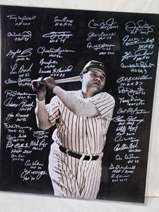 lot 60 image: 16 x 20 Babe Ruth Photo with Multiple Hall of Fame Players Autographs - Larussa, Lou Brock, Bench, Murray, Smith, Kaline and More