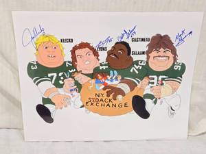 lot 65 image: New York Jets N.Y. S(t)ack Exchange Signed Cartoon Print Klecko, Lyons, Salaam, and Gastineau numbered 31100