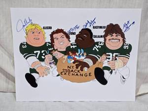 lot 70 image: Signed NY Sack Exchange Cartoon Print Featuring Klecko, Lyons, Salaam, and Gastineau Numbered 37100