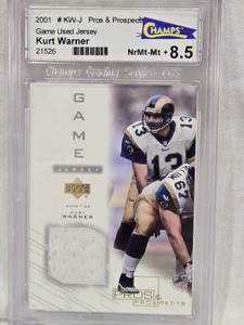 lot 94 image: Kurt Warner 2001 Upper Deck Pros & Prospects Game Used Jersey Patch #KW-J Champs Graded 8.5 - St. Louis Rams Football Card