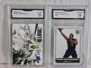 lot 105 image: Giannis Antetokounmpo Basketball Cards Including 2017 Panini Stickers and ACEO Custom Gem MT 10 Graded Cards