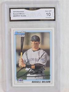 lot 107 image: Russell Wilson Rookie Baseball 2010 Bowman #BDPP47 GMA Graded 10 - Colorado Rockies Baseball Card