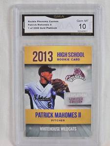 lot 108 image: Patrick Mahomes II Rookie High School Card 2013 GMA Gold Platinum Limited Edition #5 GMA Graded Gem MT 10  - Whitehouse Wildcats Baseball Card