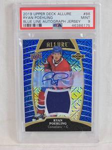 lot 136 image: Ryan Poehling Rookie 2019 Upper Deck Allure Blue Line Autograph Jersey #86 PSA Graded 9 and Numbered 399 - Canadiens Hockey Card