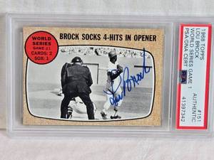 lot 139 image: Lou Brock 1968 Topps Autograph #151 PSA Authenticated - St. Louis Cardinals Vintage Baseball Card