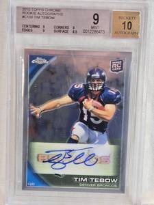 lot 143 image: RARE Tim Tebow Rookie 2010 Topps Chrome Auto #C100 Beckett Graded Card 9, Auto 10 - Denver Broncos Football Card