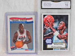 lot 147 image: Lot of 2 Michael Jordan Basketball Cards including GMA Graded 10 Custom ACEO and 1992 USA Basketball Team Card