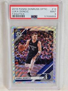 lot 149 image: Luka Doncic 2019 Panini Donruss Optic Fanatics #16 PSA Graded Mint 9  - Dallas Mavericks Basketball Card