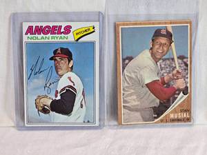 lot 150 image: Lot of 2 Baseball Cards Featuring Nolan Ryan 1977 Topps and Stan Musial 1962 Topps Vintage Baseball Cards