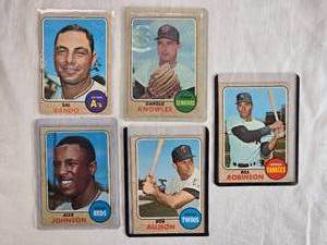 lot 167 image: Lot of 5 Vintage 1968 Baseball Cards Featuring Sal Bando, Darold Knowles, Alex Johnson, Bob Allison, and Bill Robinson