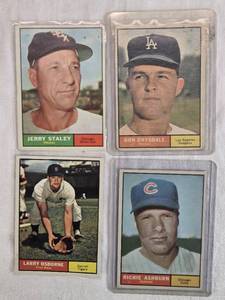 lot 170 image: Lot of 4 Vintage 1961 Baseball Cards Featuring Don Drysdale, Richie Ashburn, Jerry Staley, and Larry Osborne