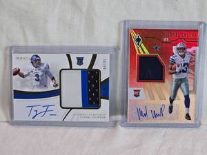 lot 180 image: Lot of 2 Football Cards Featuring Tyree Jackson Patch Auto 5699 and Michael Gallup Rookie Patch Auto