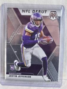 lot 193 image: Justin Jefferson Rookie 2020 Panini Mosaic NFL Debut #270 - Minnesota Vikings Football Card