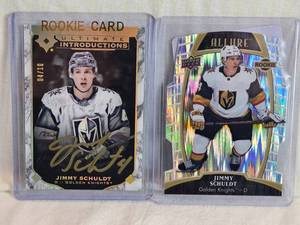 lot 234 image: Lot of 2 Jimmy Schuldt Rookie Hockey Cards - Ultimate Introductions Auto 410 and Allure Steel Die Cut #0450 - Golden Knights Hockey Cards