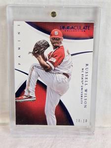 lot 250 image: Russell Wilson 2015 Panini Immaculate Collection Multi-Sport #89 and Numbered 1010 - NC State University Baseball Card