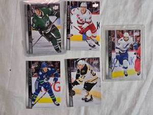 lot 261 image: Lot of 5 Hockey Cards Featuring John Klingberg, Teuvo Teravainen, Victor Hedman, Brock Boeser, and John Moore. 2020-21 Upper Deck Series 1 Hockey Cards.