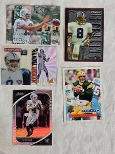 lot 270 image: Lot of 5 Football Cards Featuring Troy Aikman Finest, Brett Favre, Dan Marino, and Derek Carr. Includes holographic and vintage styles.