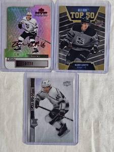 lot 279 image: Lot of 3 Blake Lizotte Hockey Cards Including UD MVP Stanley Cup Edition Auto Numbered 19, Upper Deck Allure Top 50 and Stanley Cup Edition Auto