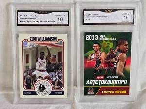 lot 284 image: Lot of 2 Basketball Cards Featuring Zion Williamson Rookie Customs GMA 10 and Giannis Antetokounmpo ACEO Custom GMA 10