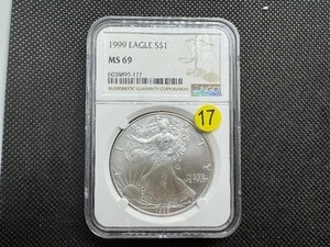 lot 17 image: 1999 1 Oz. Silver American Eagle NGC MS69 - NGC Price Guide is $75