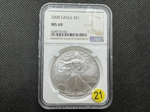 lot 21 image: 2008 1 Oz. Silver American Eagle NGC MS69