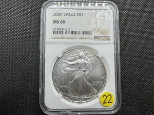 lot 22 image: 2009 1 Oz. Silver American Eagle NGC MS69