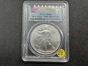 lot 28 image: 2016 1 Oz. Silver American Eagle PCGS MS69  30th Anniv. - PCGS Price Guide is $72