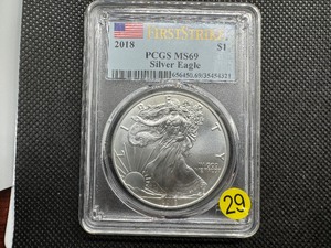lot 29 image: 2018 1 Oz. Silver American Eagle PCGS MS69 First Strike