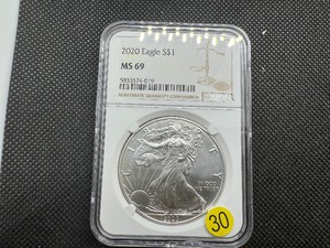 lot 30 image: 2020 1 Oz. Silver American Eagle NGC MS69 - NGC Price Guide is $70