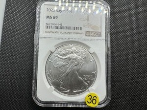 lot 36 image: 2023 1 Oz. Silver American Eagle NGC MS69