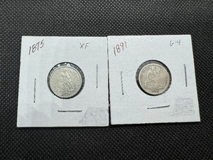 lot 38 image: Two Seated Liberty Dimes - 1875 Marked XF and 1891 Marked G-4 - Greysheet Wholesale Value for Both is $36