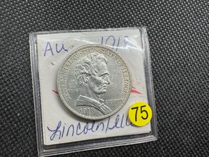 lot 75 image: 1918 Lincoln Commem. Silver Half Dollar Marked AU When Purchased -  Greysheet Wholesale Price for an AU50 is $120