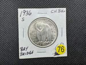 lot 76 image: 1936-S Bay Bridge Commem. Silver Half Dollar - Marked CH BU When Purchased -  Greysheet Wholesale Price for an MS60 is $140
