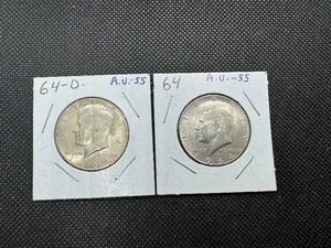 lot 87 image: Two 90% Silver Kennedy Half Dollars - 1964 and 1964-D Both Marked AU 55 When Purchased