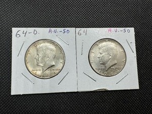 lot 88 image: Two 90% Silver Kennedy Half Dollars - 1964 and 1964-D Both Marked AU 50 When Purchased