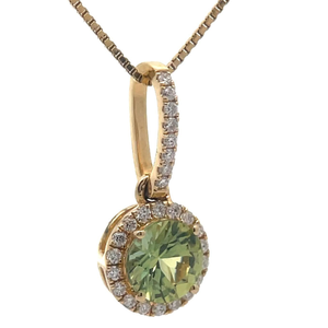 lot 15 image: NEW Natural Green Sapphire & Pav Diamond Halo Pendant in 14k Yellow Gold VIDEO