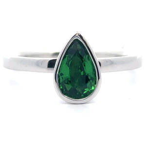 lot 17 image: NEW Pear Tsavorite Garnet Bezel Solitaire Ring in 14k White Gold VIDEO