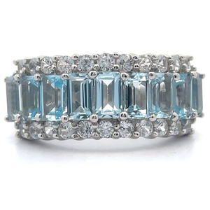 lot 28 image: 4.46 Carat Baguette Blue Topaz & White Topaz Triple Row Ring VIDEO