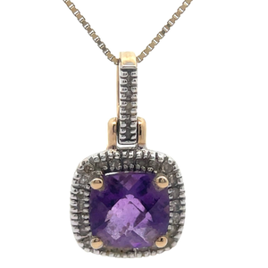 lot 32 image: Cushion Checkerboard Amethyst & Natural Diamond Halo Pendant in Yellow Gold VIDEO