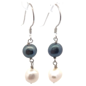 lot 41 image: Black & White Freshwater Pearl Linear French Wire Earrings