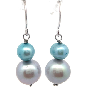 lot 42 image: Teal & Silver Freshwater Pearl Double Drop French Wire Earrings