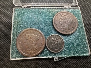 lot 6 image: Three Coin Set 1845 Large Cent, 1851 Large Cent, 1876 Seated Liberty Silver Dime