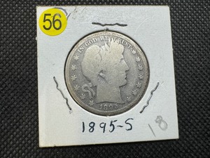 lot 56 image: Better Date 1895-S Silver Barber Half Dollar (Greybook Wholesale price for a G4 is $40)