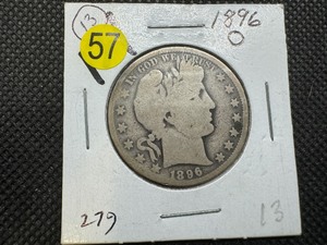 lot 57 image: Semi Key Date 1896-O Silver Barber Half Dollar (Greybook Wholesale price for a G4 is $75)