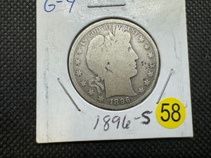 lot 58 image: Semi Key Date 1896-s Silver Barber Half Dollar (Greybook Wholesale price for a G4 is $85)
