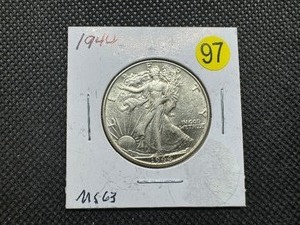 lot 97 image: 1944 Walking Liberty Half Dollar Marked MS63 when purchased
