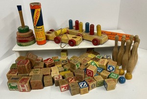 lot 50 image: Vintage Wooden Toys Large LOT Wood Blocks and More