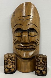 lot 55 image: Three Piece LOT - Tiki Mask with Salt and Pepper Shakers